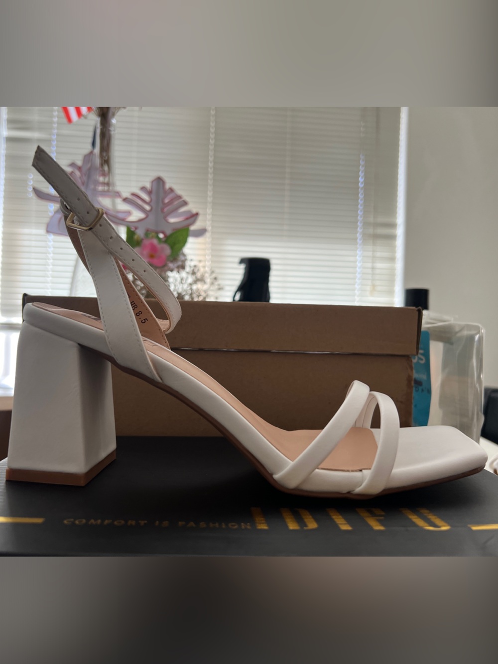 IDIFU White Block Heel Sandals with Double Front Straps